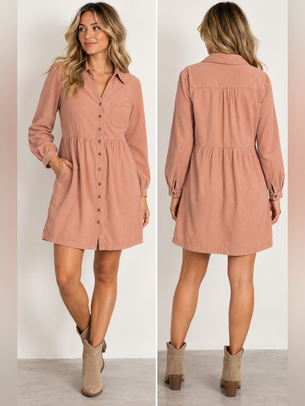 Boden Olympia Corduroy Shirt Dress Dusty Rose Pink US 8R Cotton